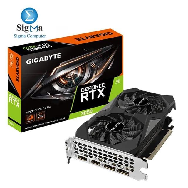 Gigabyte GeForce RTX 3050 WINDFORCE OC 6G: 2304 CUDA cores, 1477 MHz core clock, 6GB GDDR6 (96-bit), WINDFORCE cooling, 2x DP 1.4a, 2x HDMI 2.1