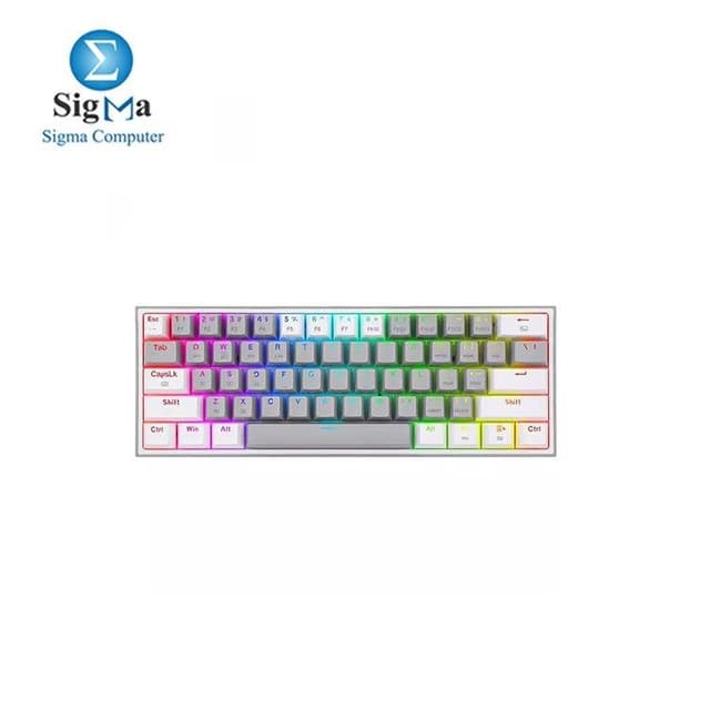 Redragon Fizz Pro K616 RGB 60% Mechanical Keyboard – Red Switch, Hot-Swappable, Tri-Mode (USB-C / 2.4GHz / Bluetooth), Gray & White , Arabic