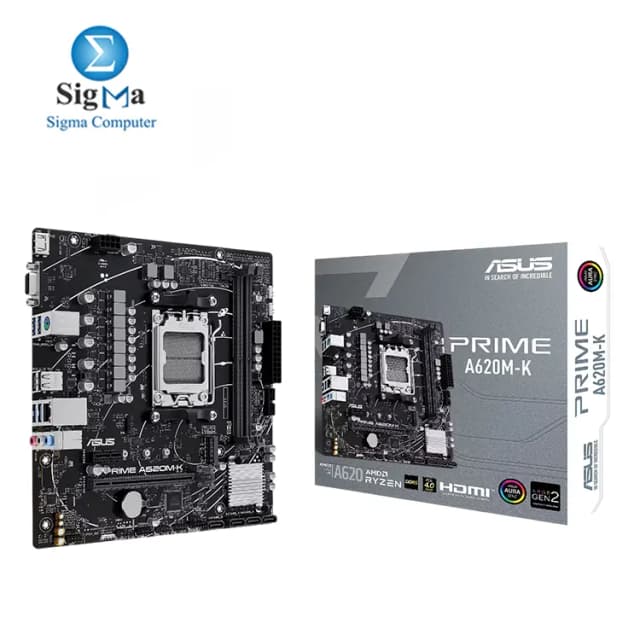 ASUS PRIME A620M-K micro-ATX motherboard, DDR5, PCIe 4.0 Graphics card and PCIe 4.0 M.2 support, HDMI™, VGA, USB 3.2 Gen 1 Type-A, SATA 6 Gbps, Two-Way AI Noise Cancelation, Aura Sync