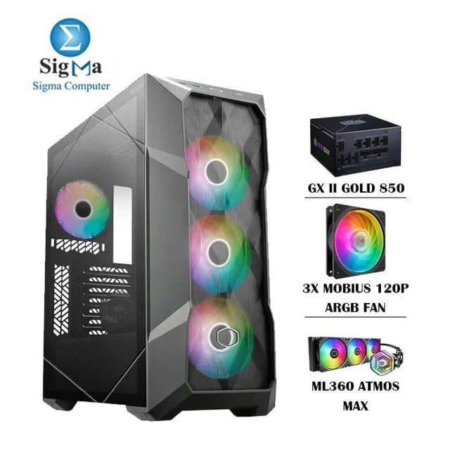 Cooler Master TD500 MAX ATX Mid-Tower Case, Custom Atmos 360 MAX AIO, GX II Gold 850W ATX 3.0 PSU, Mobius 120P ARGB PWM Fan, Type C, Two-Stage Power Connector, Pre-Routed Cable Management