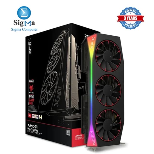 XFX Mercury AMD Radeon RX 9070XT OC Magnetic Air Edition with RGB 16GB GDDR6 3100MHz Boost RDNA 4 64 CUs PCIe 5.0 Triple Fan RGB 3x DP 2.1 1x HDMI 2.1 3x 8-pin Power.