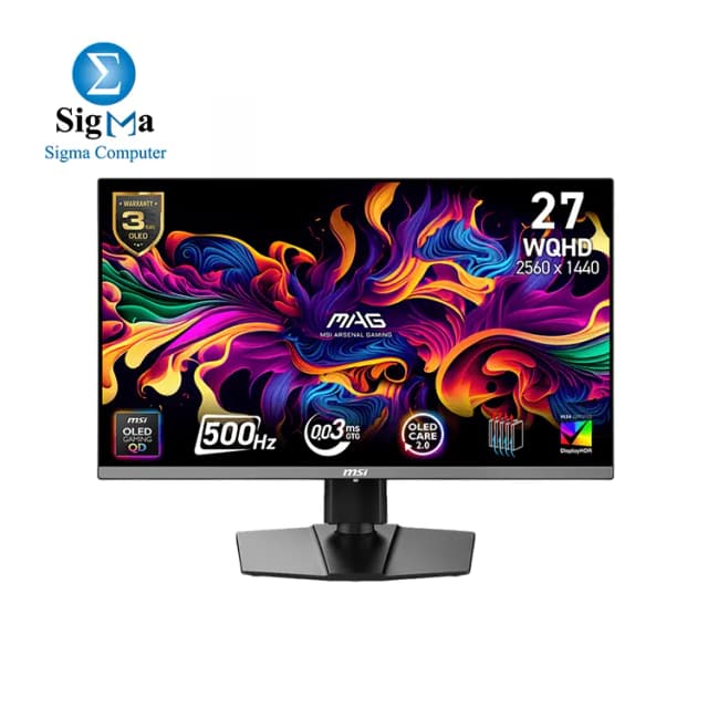 MSI MAG 272QP QD-OLED X50 26.5-inch 2560 x 1440 (WQHD) Gaming Monitor, 500Hz, AMD Adaptive-Sync, HDR Ready, HDMI, VGA Port, VESA Mountable, Tilt, 4-Side Slim Bezel, 0.03ms, Black