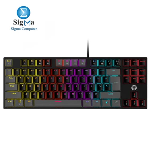 FANTECH ATOM MK876 TKL mechanical keyboard with 87 keys blue switches 25-key anti-ghosting double injection keycaps and 13 RGB lighting modes.