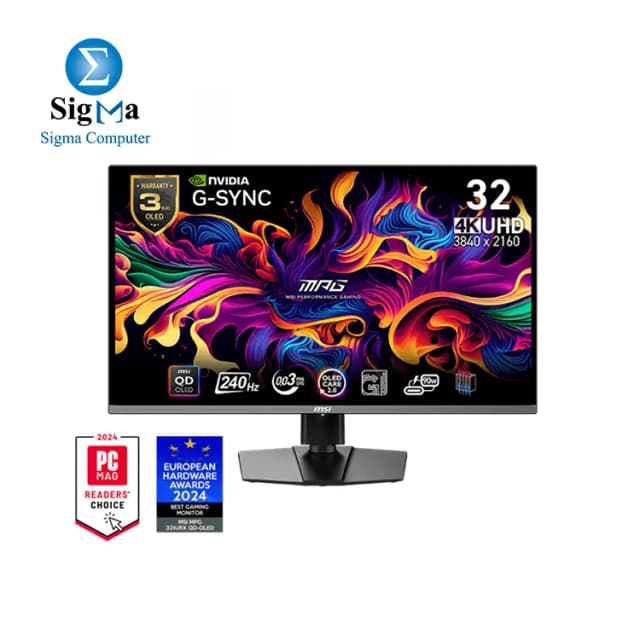 MSI MPG 321URX QD-OLED 32″ UHD (3840×2160) QD-OLED Gaming Monitor – 240Hz, 0.03ms, FreeSync Premium Pro & DisplayHDR True Black 400, USB-C 90W PD