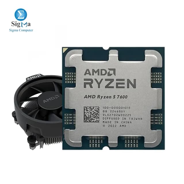 AMD RYZEN 5-7600 TRAY With Fan 6 cores 12 threads 3.8 GHz base clock up to 5.1 GHz boost 32MB L3 cache 65W TDP AM5 socket DDR5-5200 memory PCIe 5.0