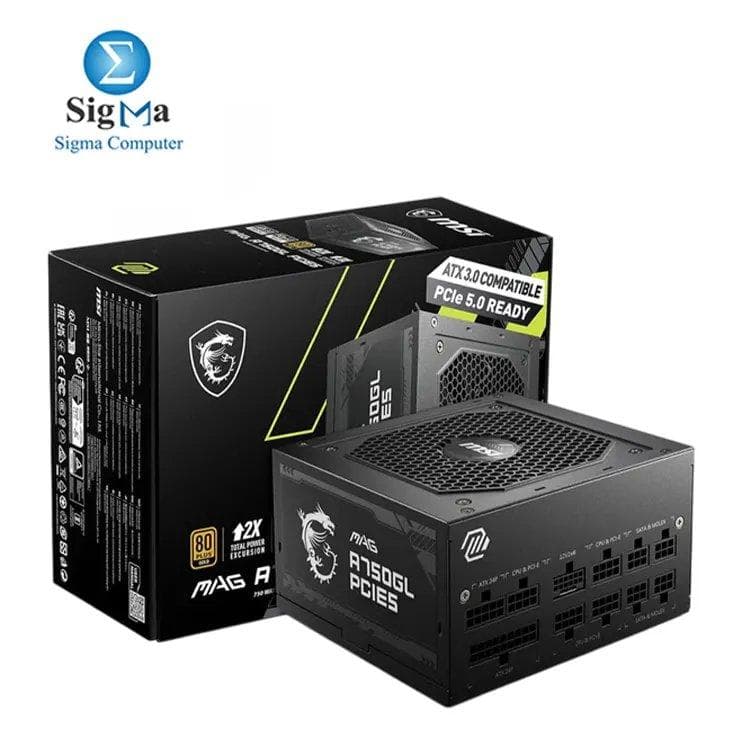 MSI MAG A750GL PCIE5, 750W, 80+ Gold, Full Modular, ATX 3.1, PCIe 5.1 (16-pin 450W), 120mm FDB Fan