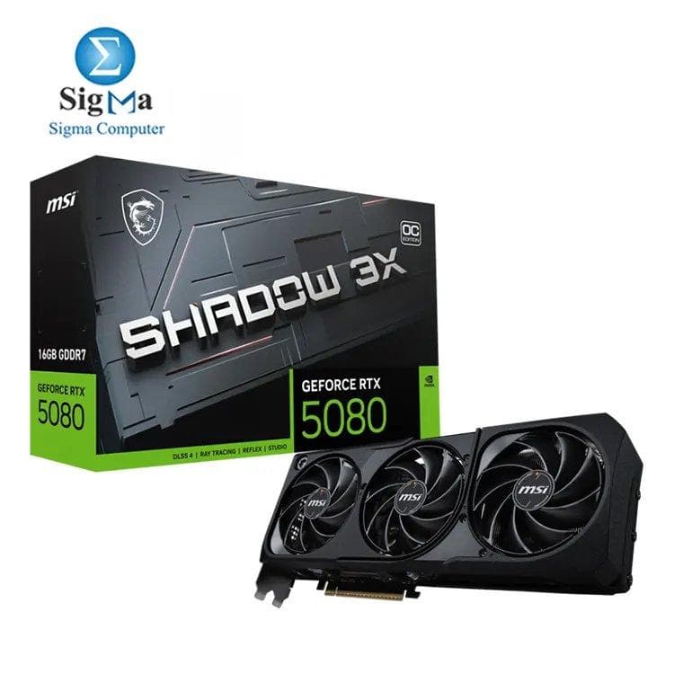 MSI GeForce RTX™ 5080 16G SHADOW 3X OC – 16GB GDDR7, 10752 CUDA cores, 2655MHz boost, PCIe Gen 5, 360W TDP, triple fan cooling, 3x DP 2.1b, 1x HDMI 2.1b
